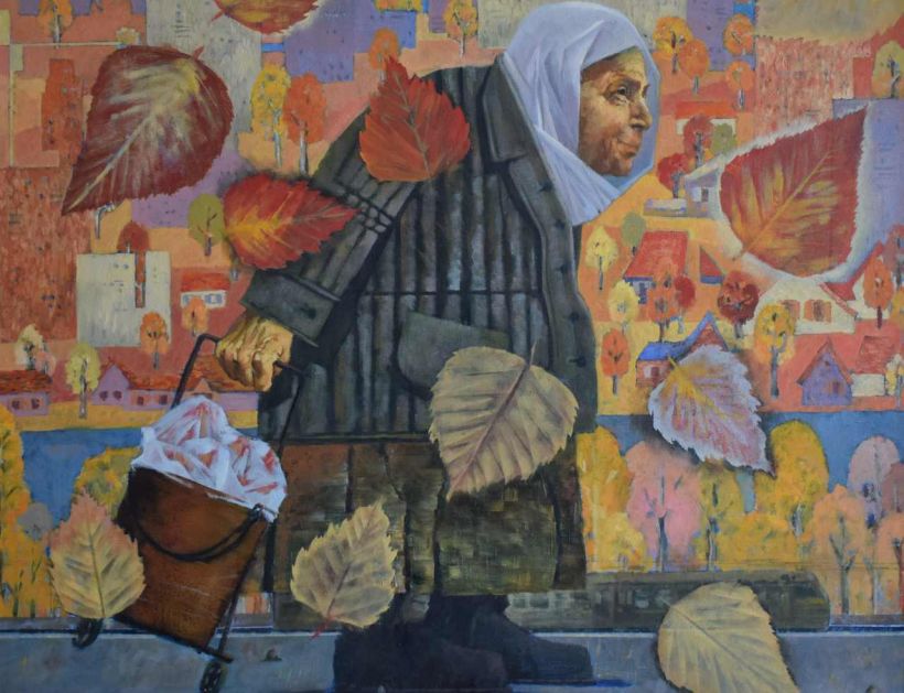 картина с изображением бабушки среди осенней листвы